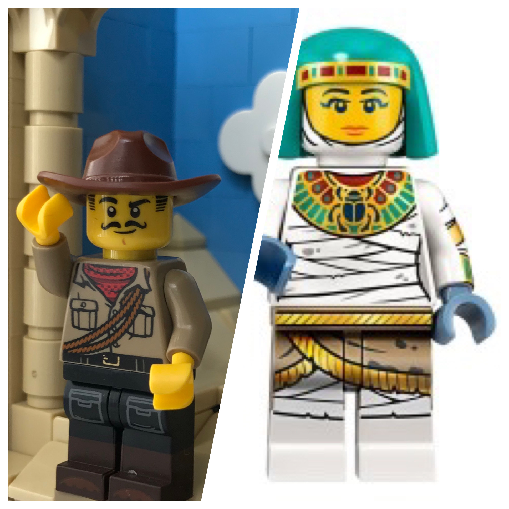 Collage of a photo of Johnny Thunder minifig from CMF 19 in a custom habitat and a digital rendering of the Mummy minifig from CMF 19